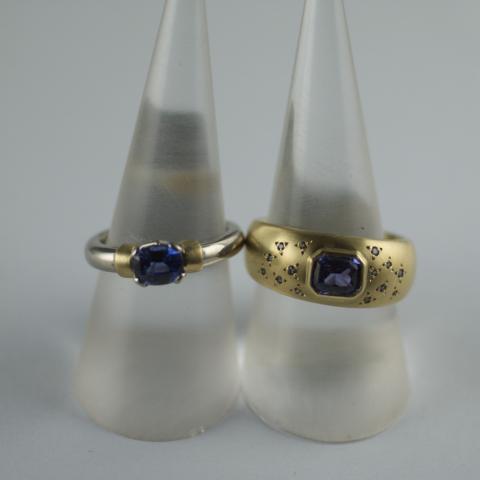Blue and Purple Sapphire rings in yellow gold
