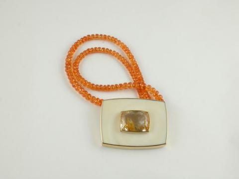 Necklace Rutilated Topaz in 22ct Gold framed by Ivory on Spessartite Garnet beads