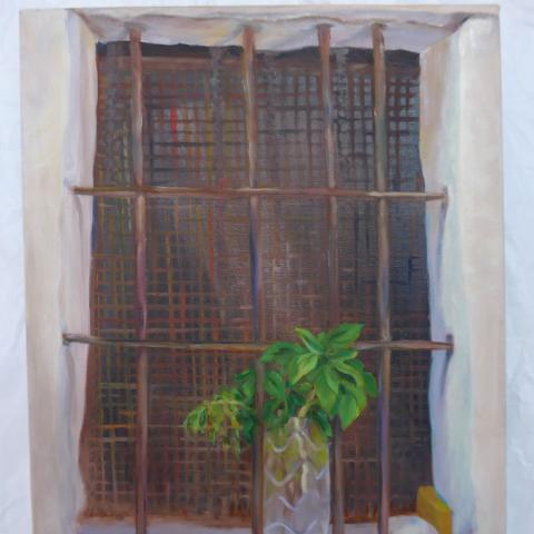 Basil in barred window. Oil on canvas